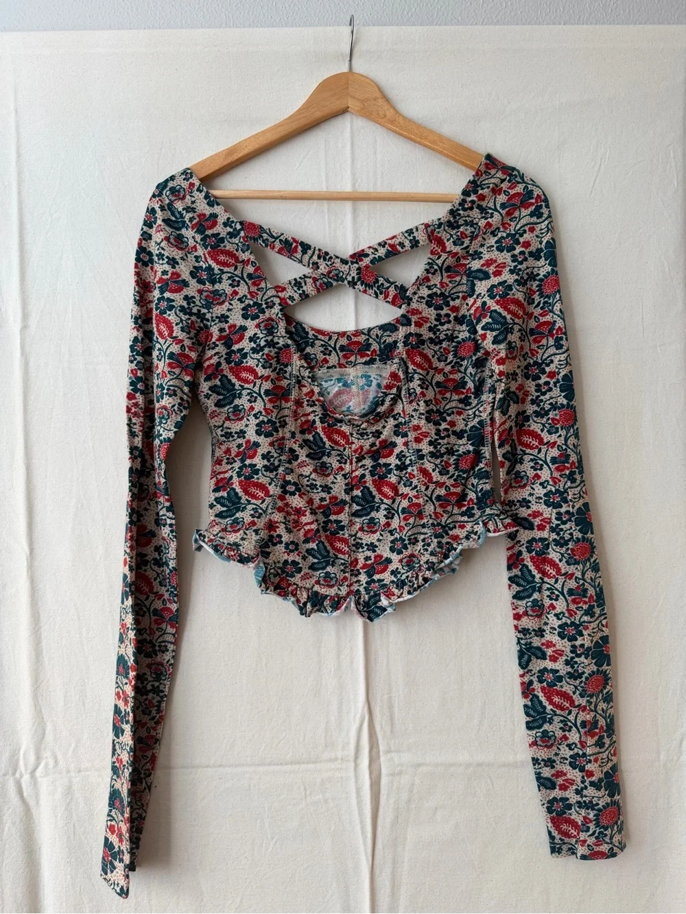 Free People Floral Long Sleeve Crisscross Crop Top - Red, Blue & Cream